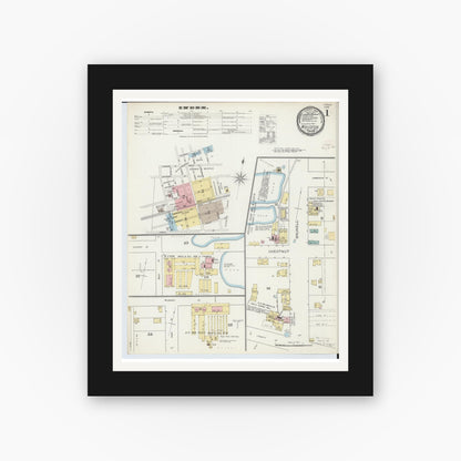 Old map wall art mockup — black gallery frame with white mat — Sanborn Fire Insurance Map from Wauseon, Fulton County, Ohio (1893), Sheet #0001