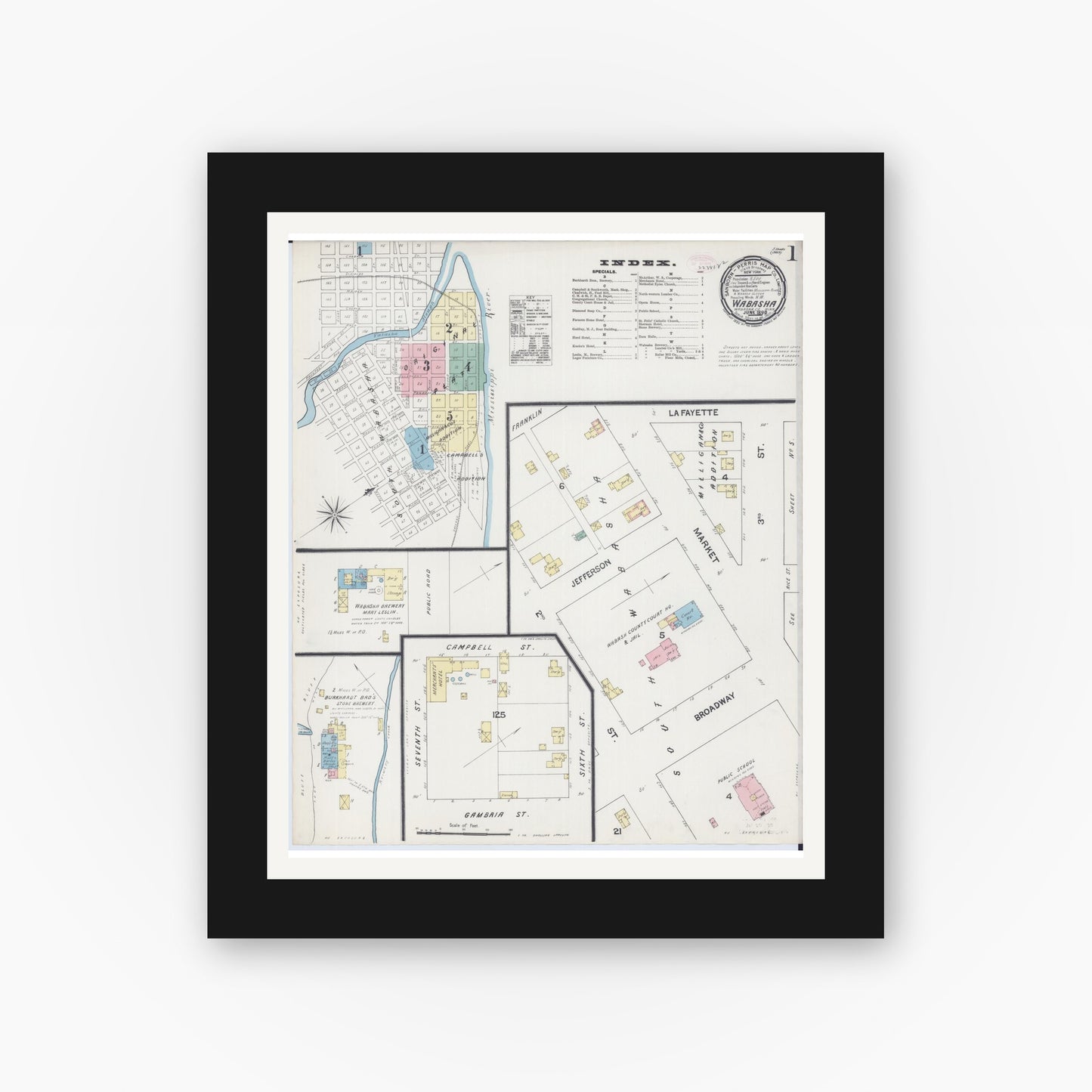 Old map wall art mockup — black gallery frame with white mat — Sanborn Fire Insurance Map from Wabasha, Wabasha County, Minnesota (1890), Sheet #0001