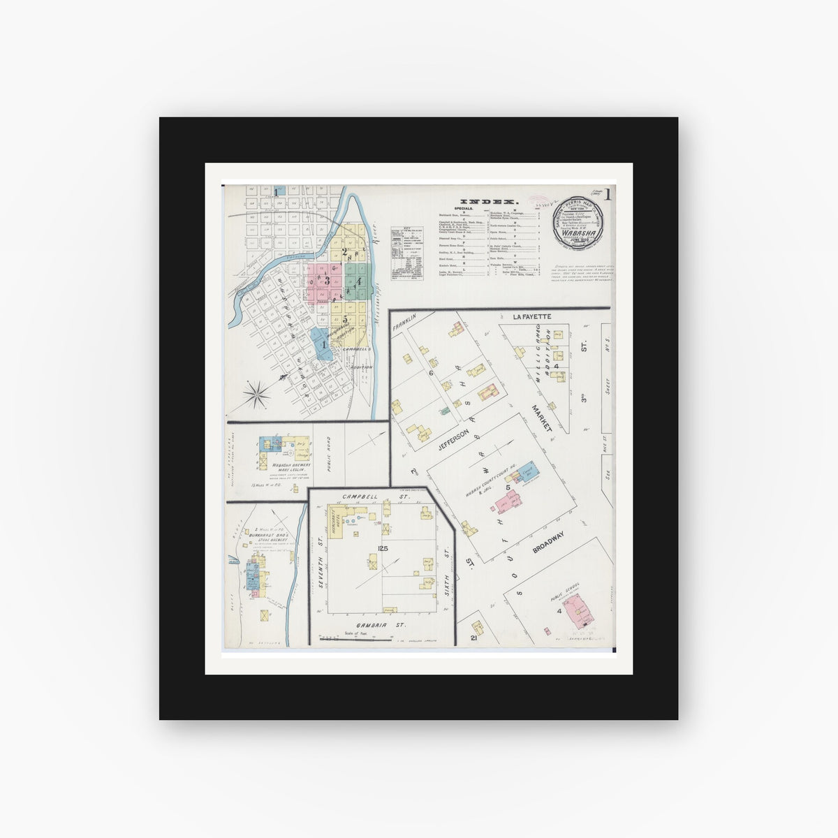 Old map wall art mockup — black gallery frame with white mat — Sanborn Fire Insurance Map from Wabasha, Wabasha County, Minnesota (1890), Sheet #0001