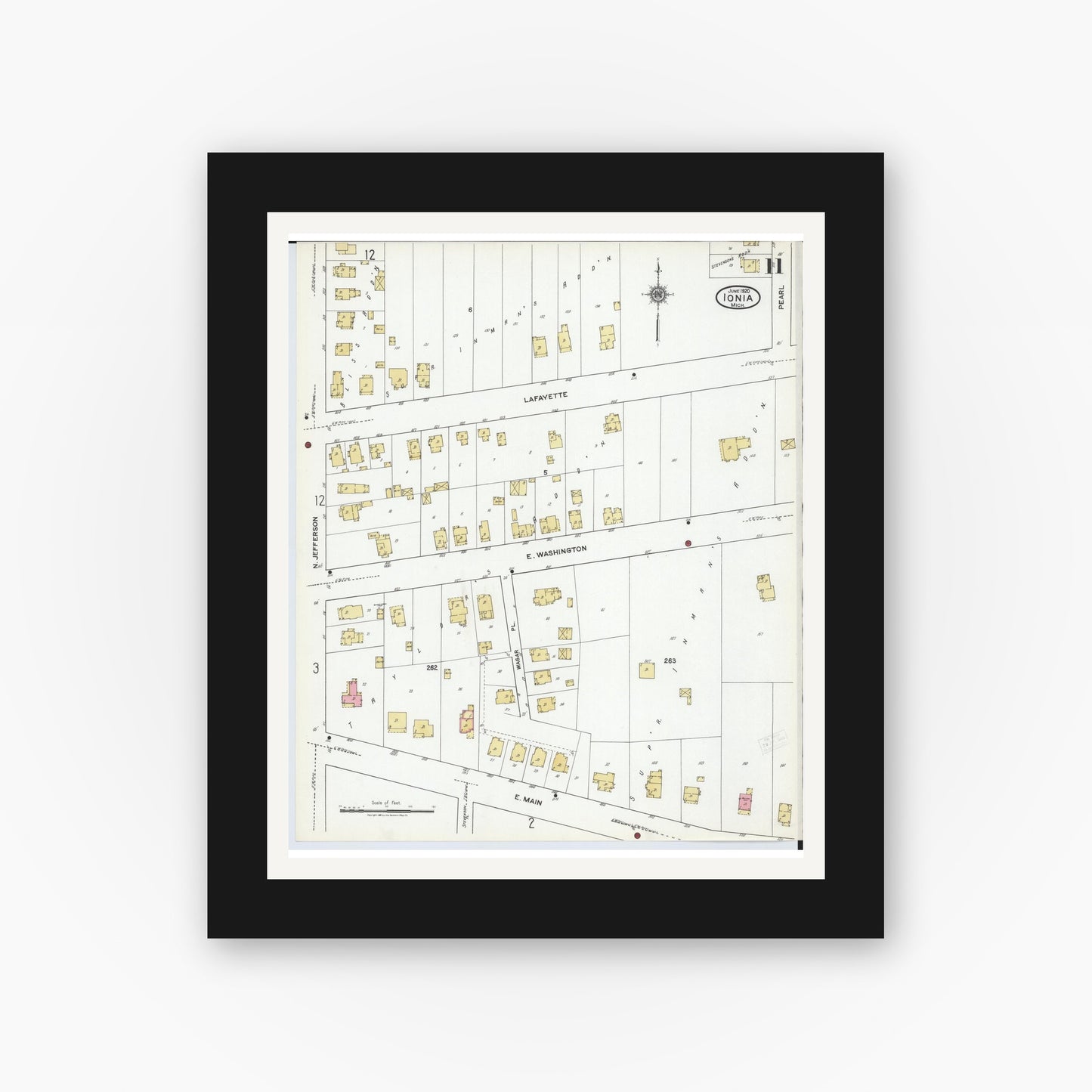 Old map wall art mockup — black gallery frame with white mat — Sanborn Fire Insurance Map from Ionia, Ionia County, Michigan (1920), Sheet #0011