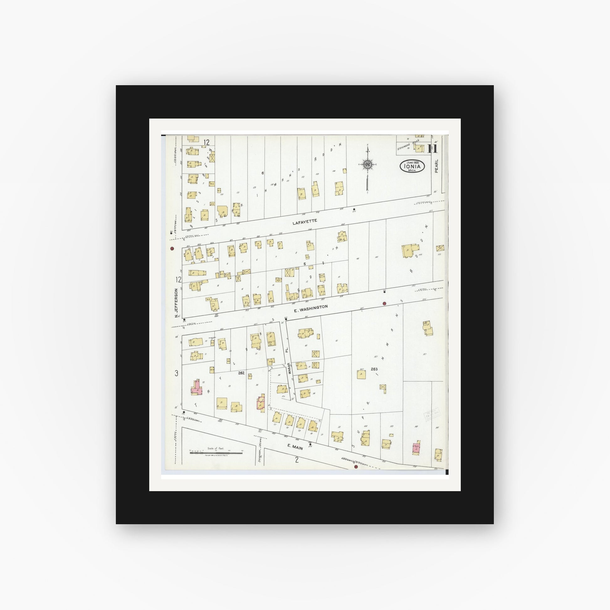 Old map wall art mockup — black gallery frame with white mat — Sanborn Fire Insurance Map from Ionia, Ionia County, Michigan (1920), Sheet #0011