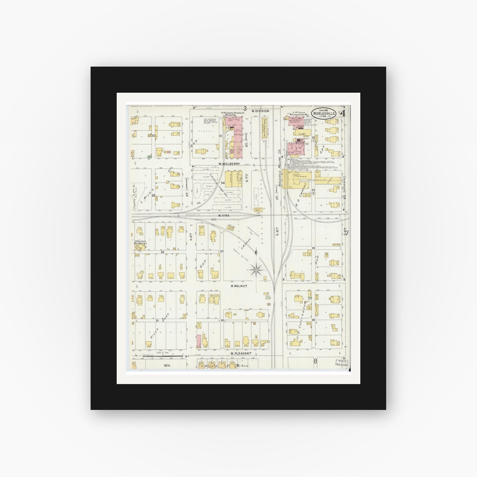 Old map wall art mockup — black gallery frame with white mat — Sanborn Fire Insurance Map from Noblesville, Hamilton County, Indiana (1898), Sheet #0004