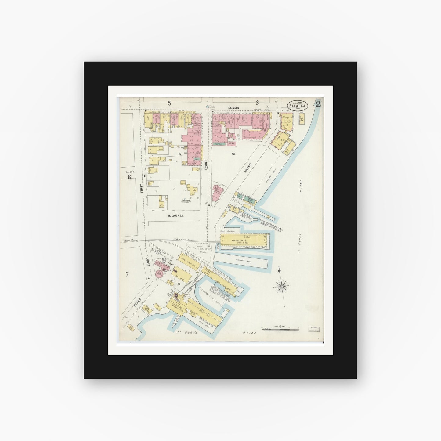 Old map wall art mockup — black gallery frame with white mat — Sanborn Fire Insurance Map from Palatka, Putnam County, Florida (1897), Sheet #0002