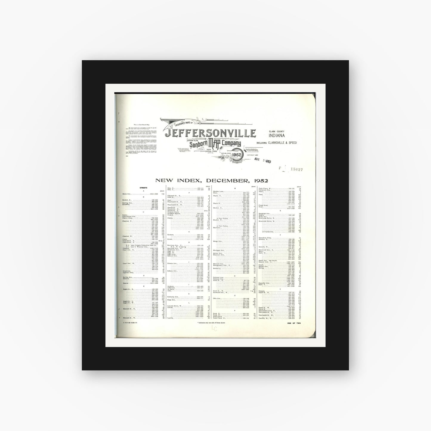 Old map wall art mockup — black gallery frame with white mat — Sanborn Fire Insurance Map from Jeffersonville, Clark County, Indiana (1952), Sheet #0001