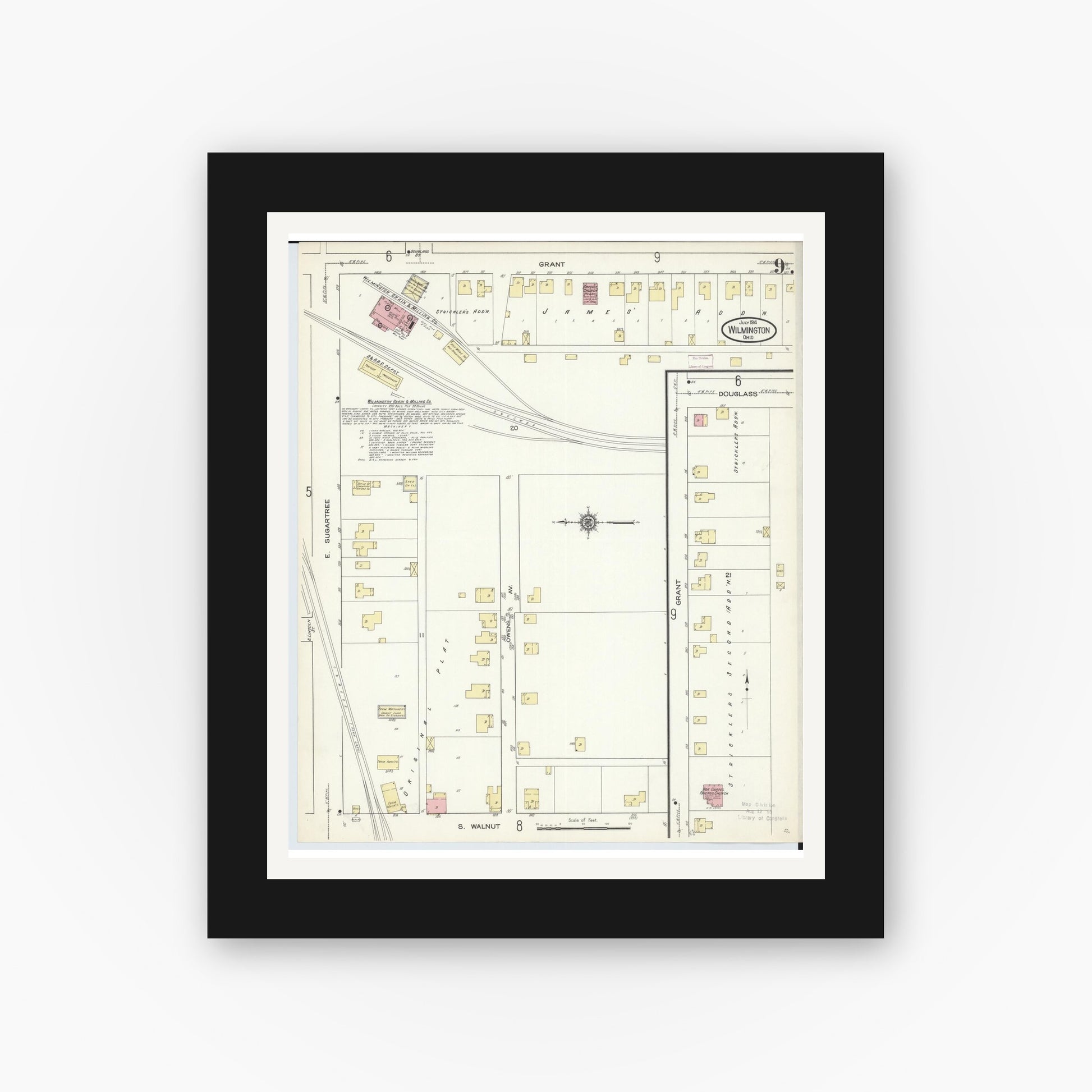 Old map wall art mockup — black gallery frame with white mat — Sanborn Fire Insurance Map from Wilmington, Clinton County, Ohio (1914), Sheet #0009