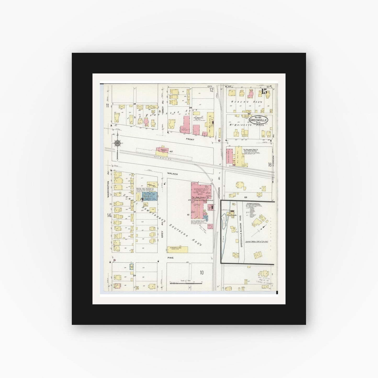 Old map wall art mockup — black gallery frame with white mat — Sanborn Fire Insurance Map from Greenville, Darke County, Ohio (1910), Sheet #0015