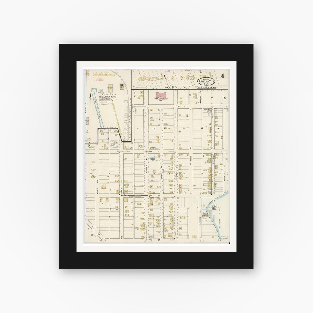 Old map wall art mockup — black gallery frame with white mat — Sanborn Fire Insurance Map from Panama City, Bay County, Florida (1917), Sheet #0004
