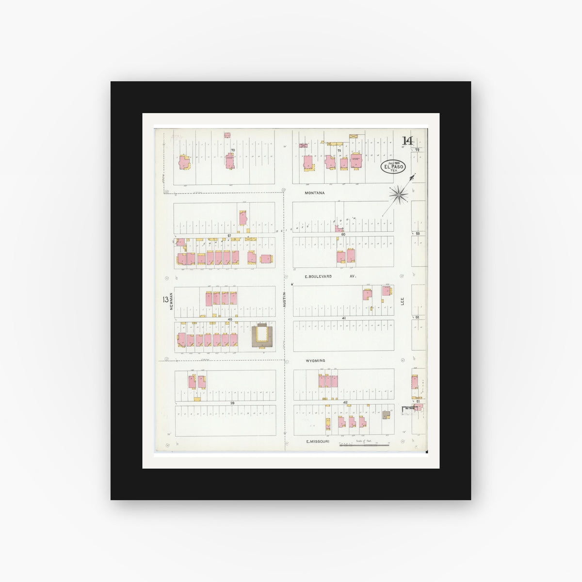 Old map wall art mockup — black gallery frame with white mat — Sanborn Fire Insurance Map from El Paso, El Paso County, Texas (1905), Sheet #0014