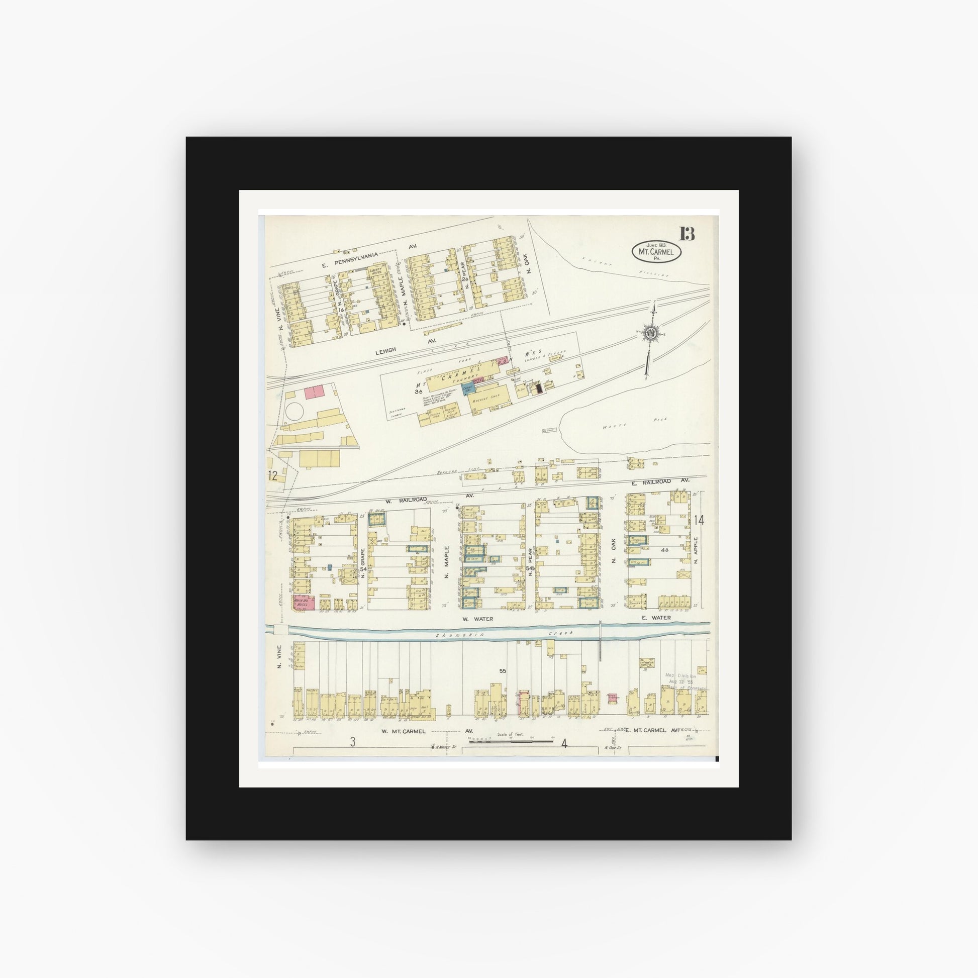 Old map wall art mockup — black gallery frame with white mat — Sanborn Fire Insurance Map from Mount Carmel, Northumberland County, Pennsylvania (1913), Sheet #0013