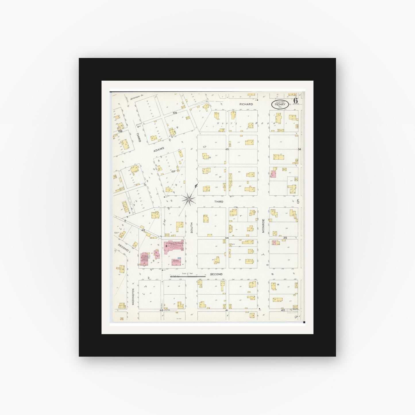 Old map wall art mockup — black gallery frame with white mat — Sanborn Fire Insurance Map from Henry, Marshall County, Illinois (1907), Sheet #0006