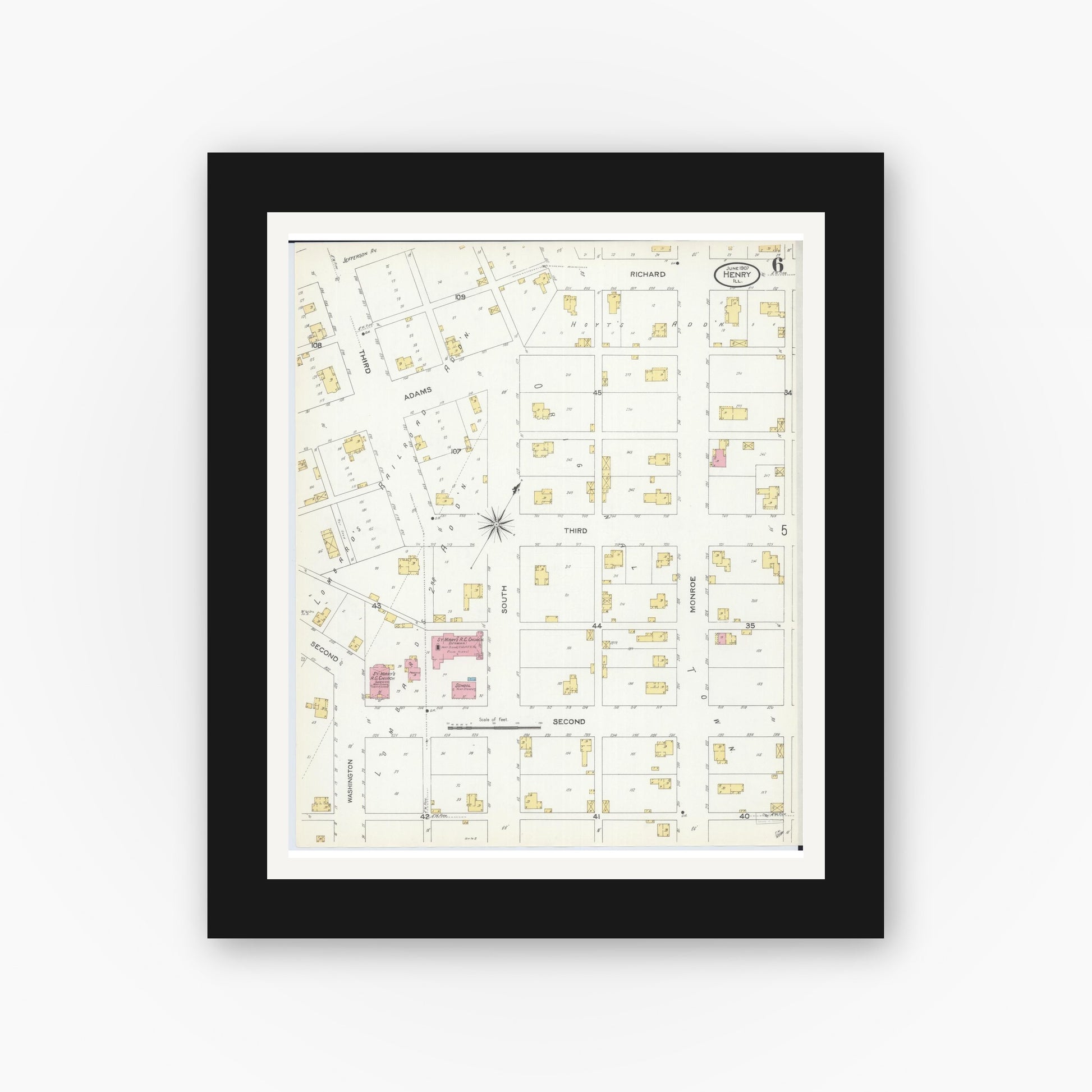Old map wall art mockup — black gallery frame with white mat — Sanborn Fire Insurance Map from Henry, Marshall County, Illinois (1907), Sheet #0006