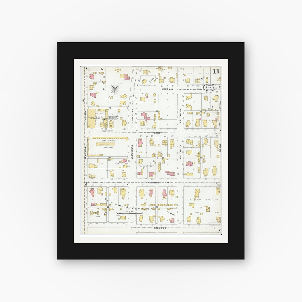 Old map wall art mockup — black gallery frame with white mat — Sanborn Fire Insurance Map from Paris, Edgar County, Illinois (1900), Sheet #0011