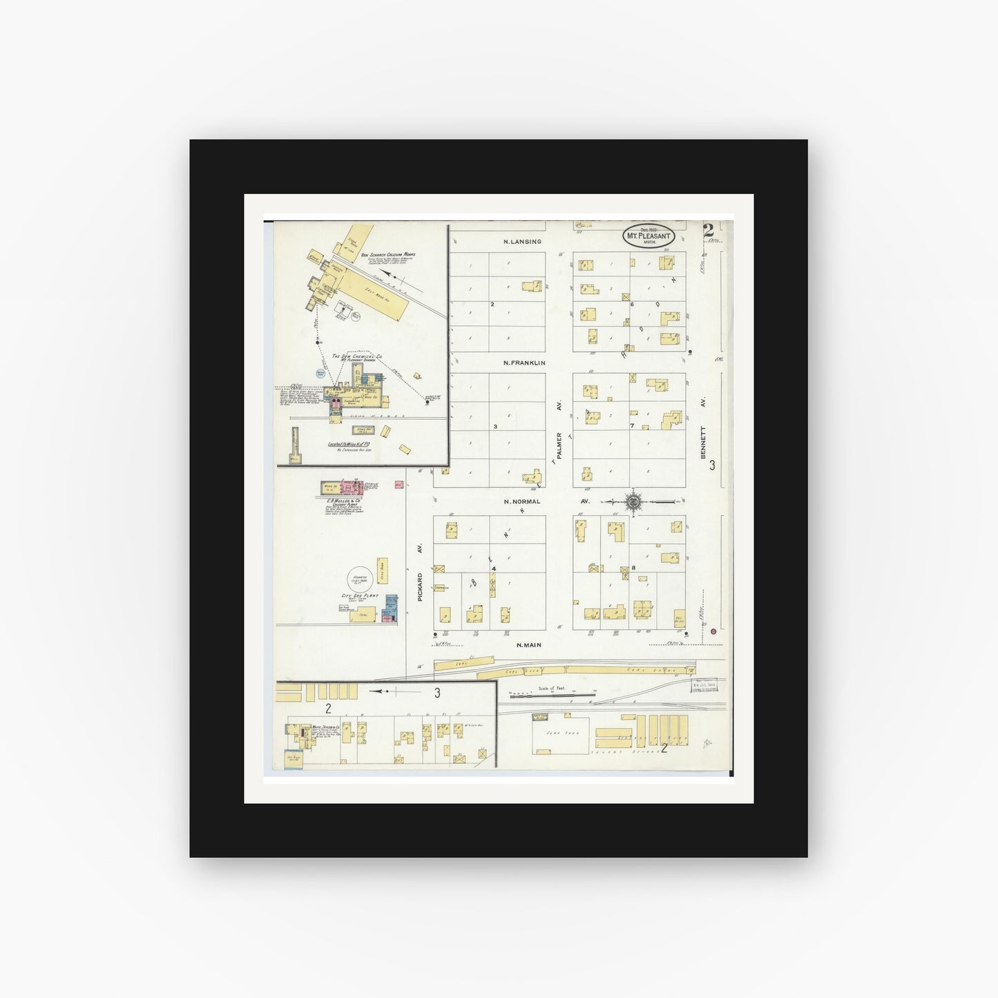 Old map wall art mockup — black gallery frame with white mat — Sanborn Fire Insurance Map from Mount Pleasant, Isabella County, Michigan (1910), Sheet #0002