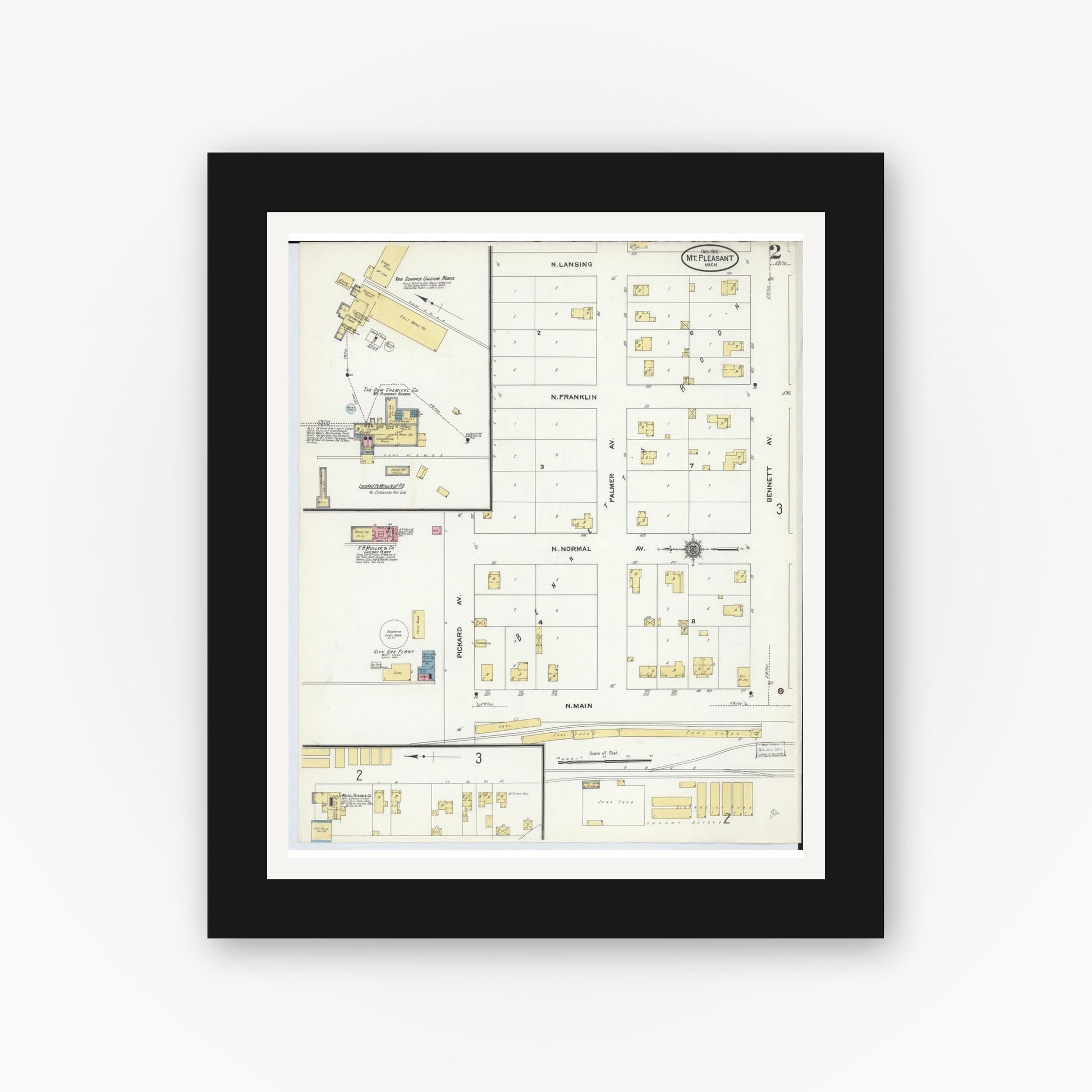 Old map wall art mockup — black gallery frame with white mat — Sanborn Fire Insurance Map from Mount Pleasant, Isabella County, Michigan (1910), Sheet #0002