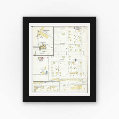 Old map wall art mockup — black gallery frame with white mat — Sanborn Fire Insurance Map from Mount Pleasant, Isabella County, Michigan (1910), Sheet #0002