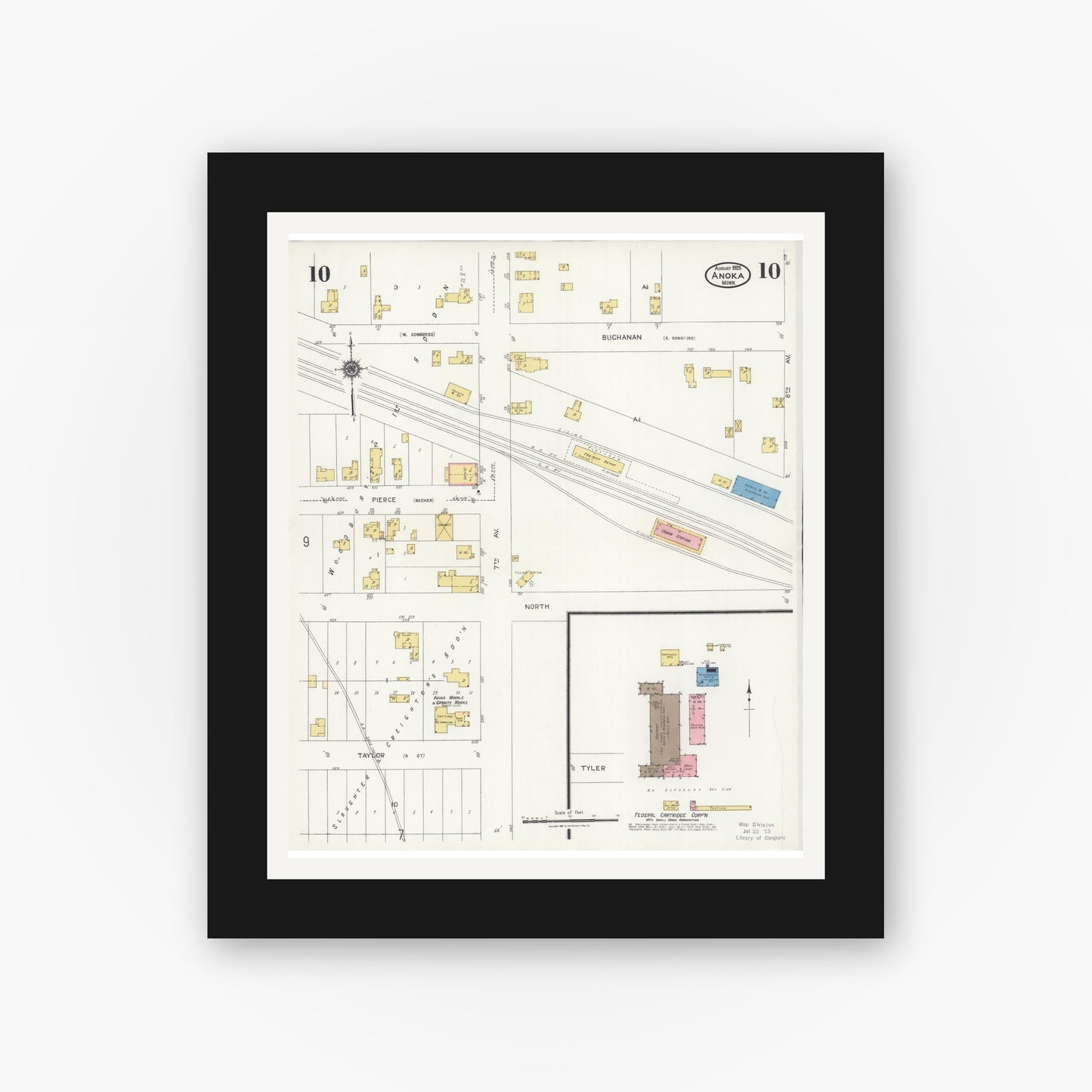 Old map wall art mockup — black gallery frame with white mat — Sanborn Fire Insurance Map from Anoka, Anoka County, Minnesota (1925), Sheet #0010