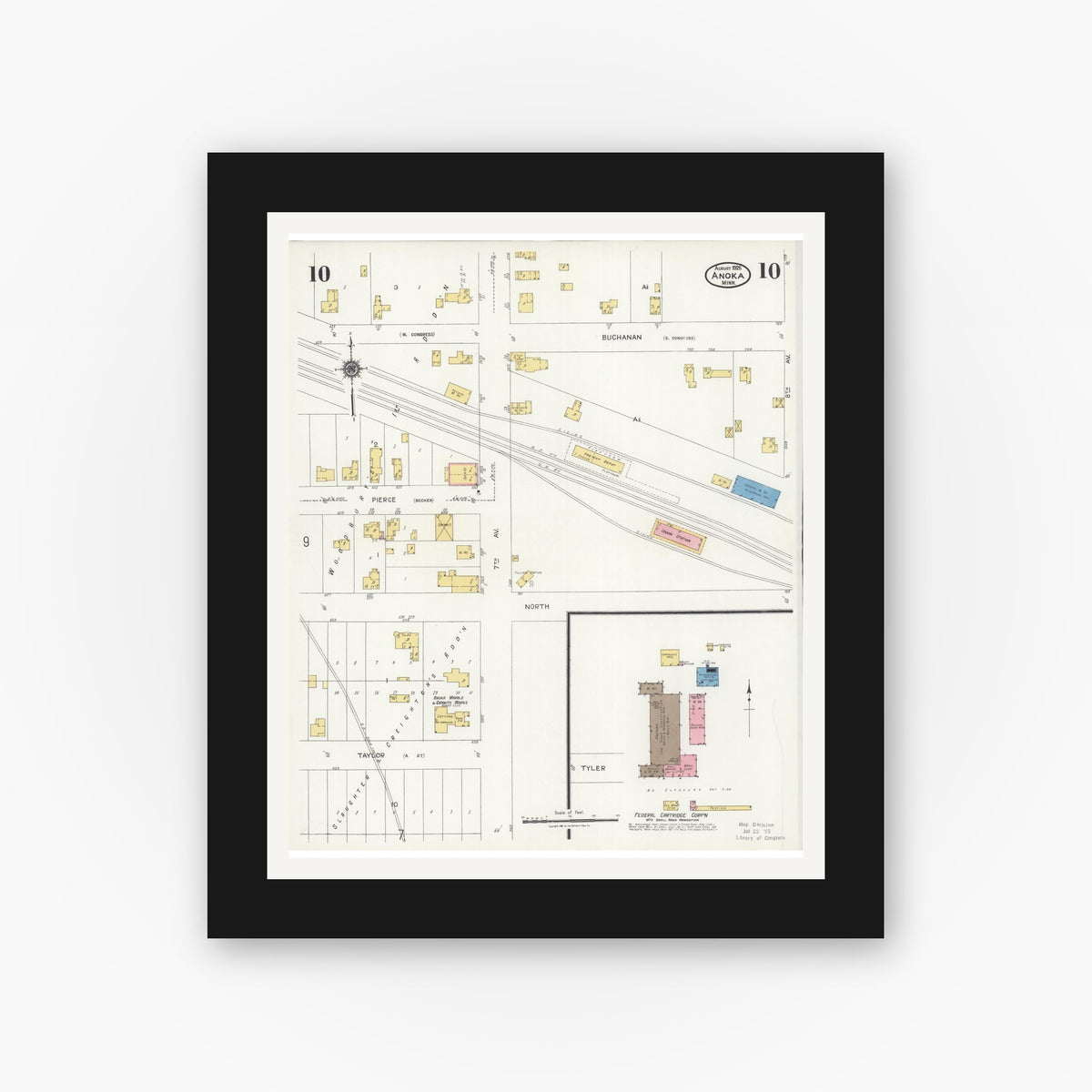Old map wall art mockup — black gallery frame with white mat — Sanborn Fire Insurance Map from Anoka, Anoka County, Minnesota (1925), Sheet #0010