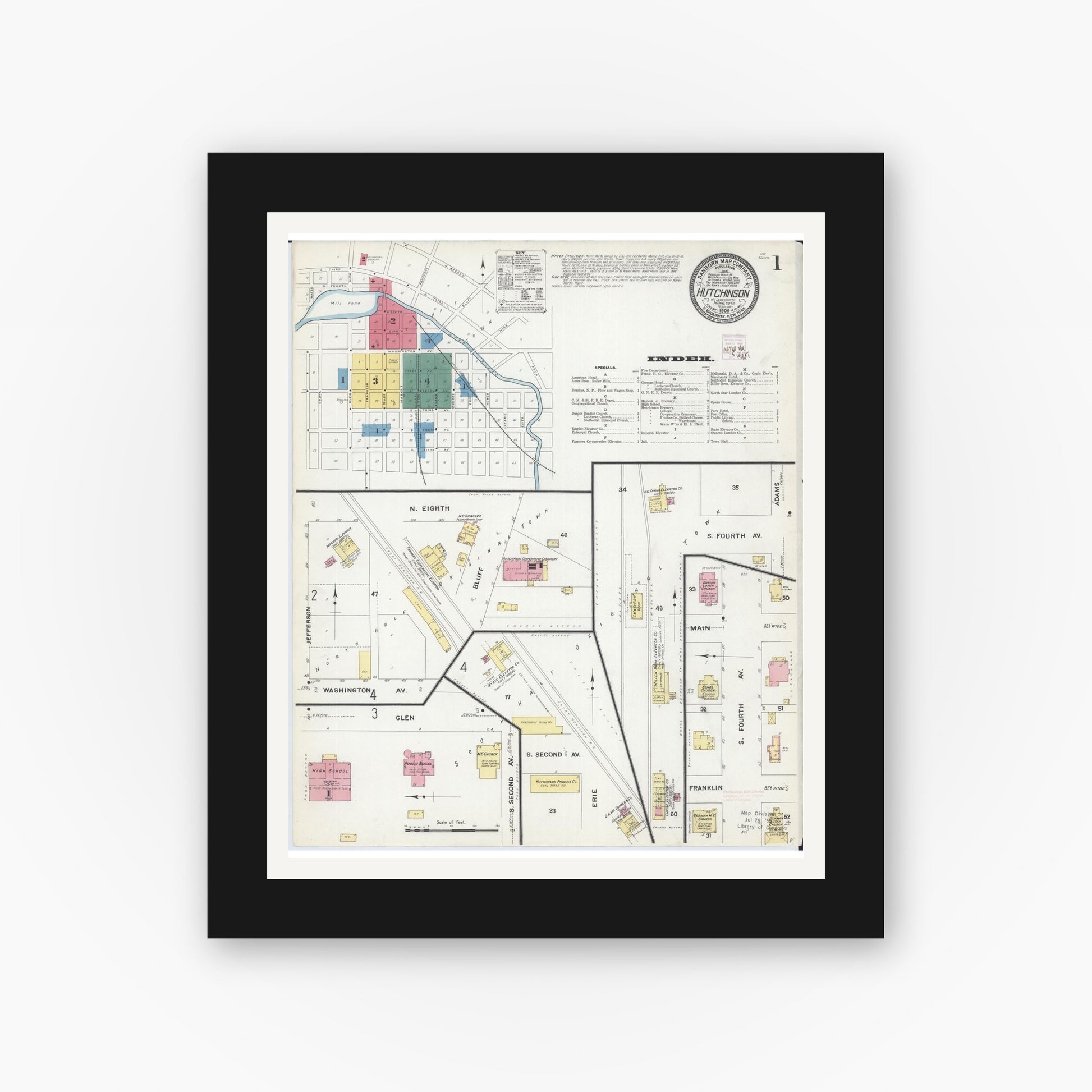 Old map wall art mockup — black gallery frame with white mat — Sanborn Fire Insurance Map from Hutchinson, Mcleod County, Minnesota (1909), Sheet #0001