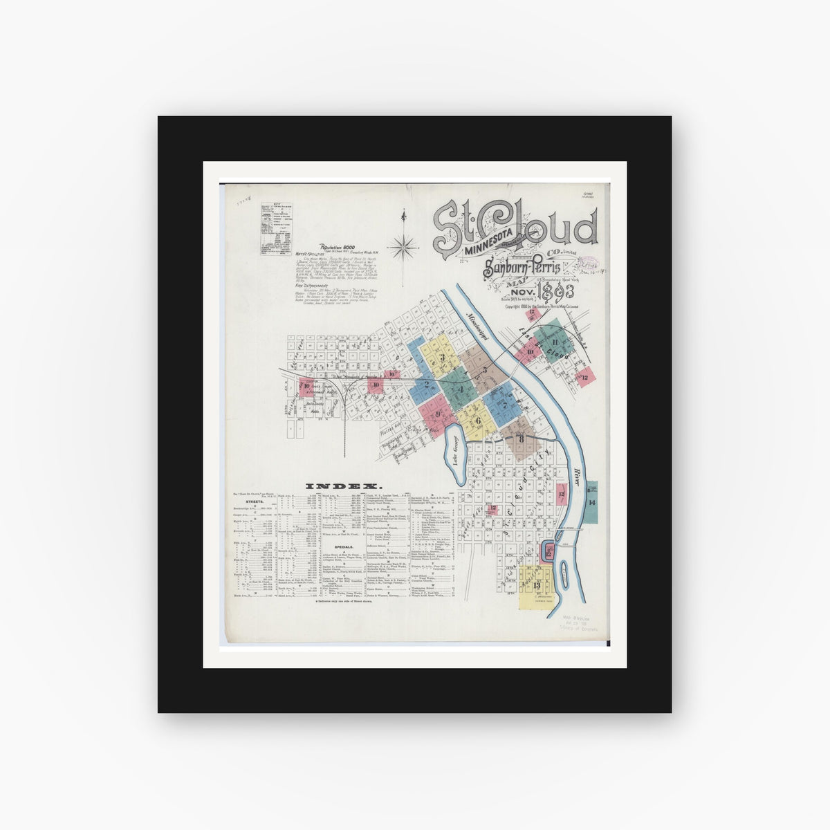 Old map wall art mockup — black gallery frame with white mat — Sanborn Fire Insurance Map from Saint Cloud, Stearns, Benton, and Sherburne Counties, Minnesota (1893), Sheet #0001