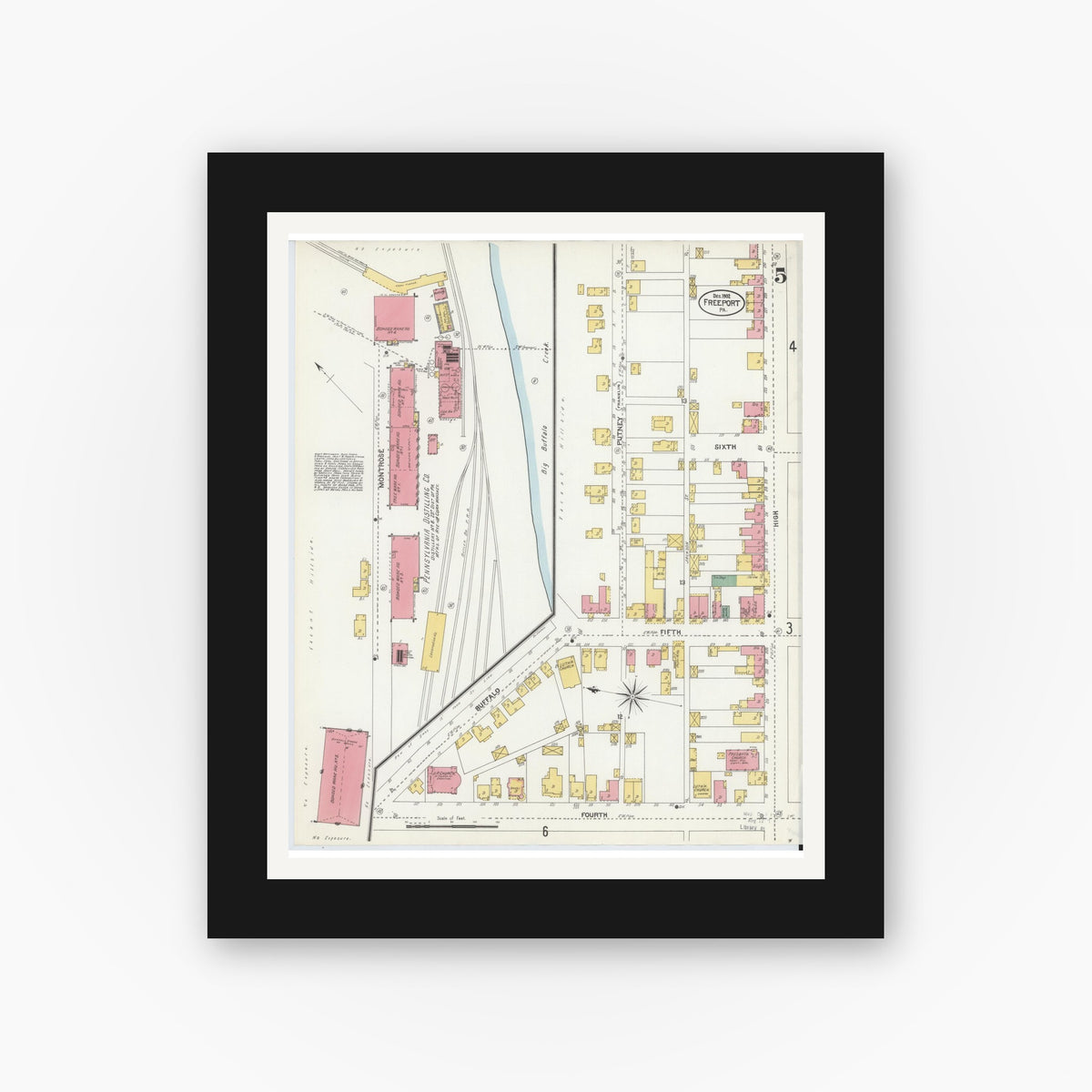 Old map wall art mockup — black gallery frame with white mat — Sanborn Fire Insurance Map from Freeport, Armstrong County, Pennsylvania (1902), Sheet #0005