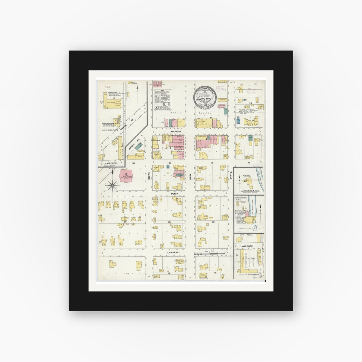 Old map wall art mockup — black gallery frame with white mat — Sanborn Fire Insurance Map from Middlebury, Elkhart County, Indiana (1909), Sheet #0001