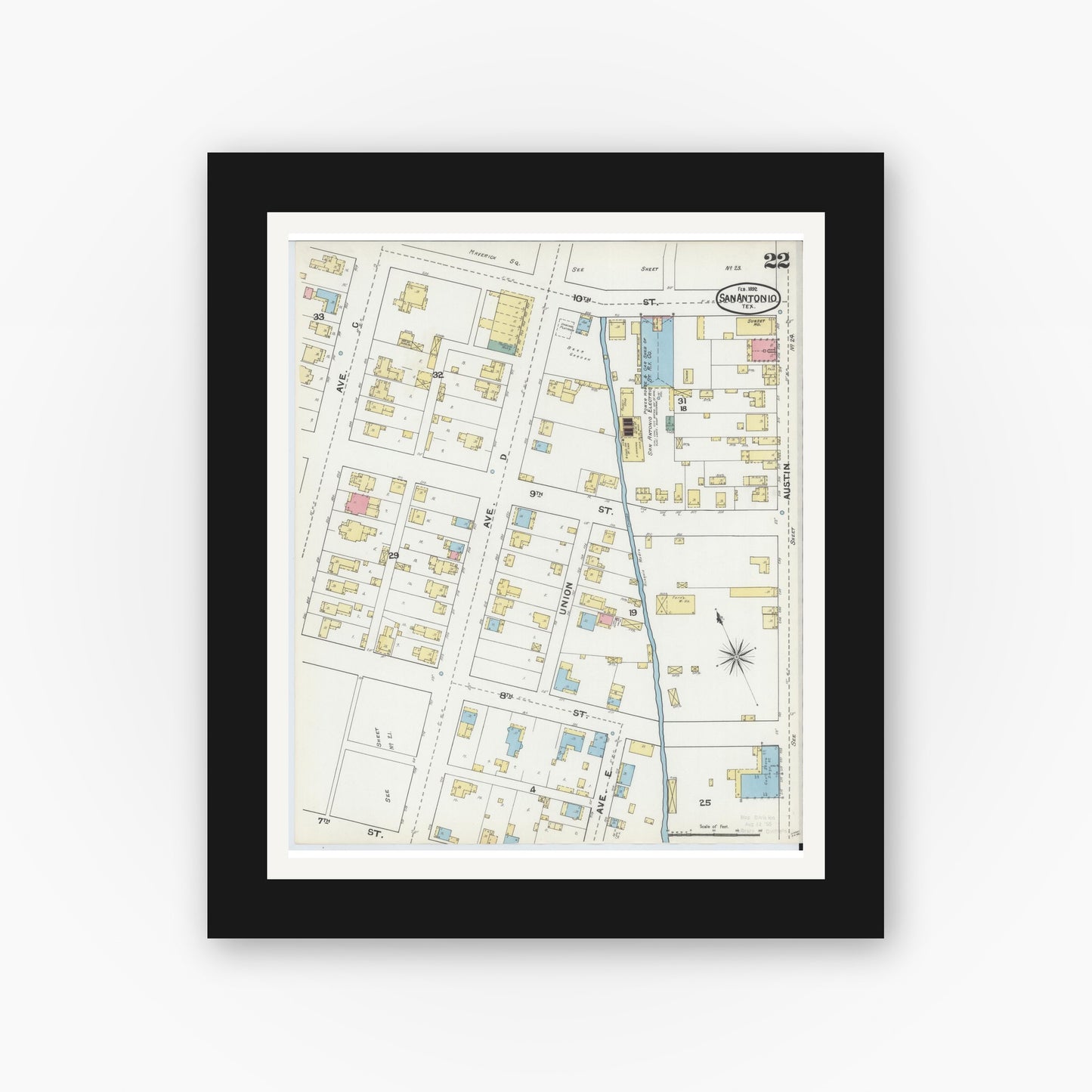 Old map wall art mockup — black gallery frame with white mat — Sanborn Fire Insurance Map from San Antonio, Bexar County, Texas (1892), Sheet #0022