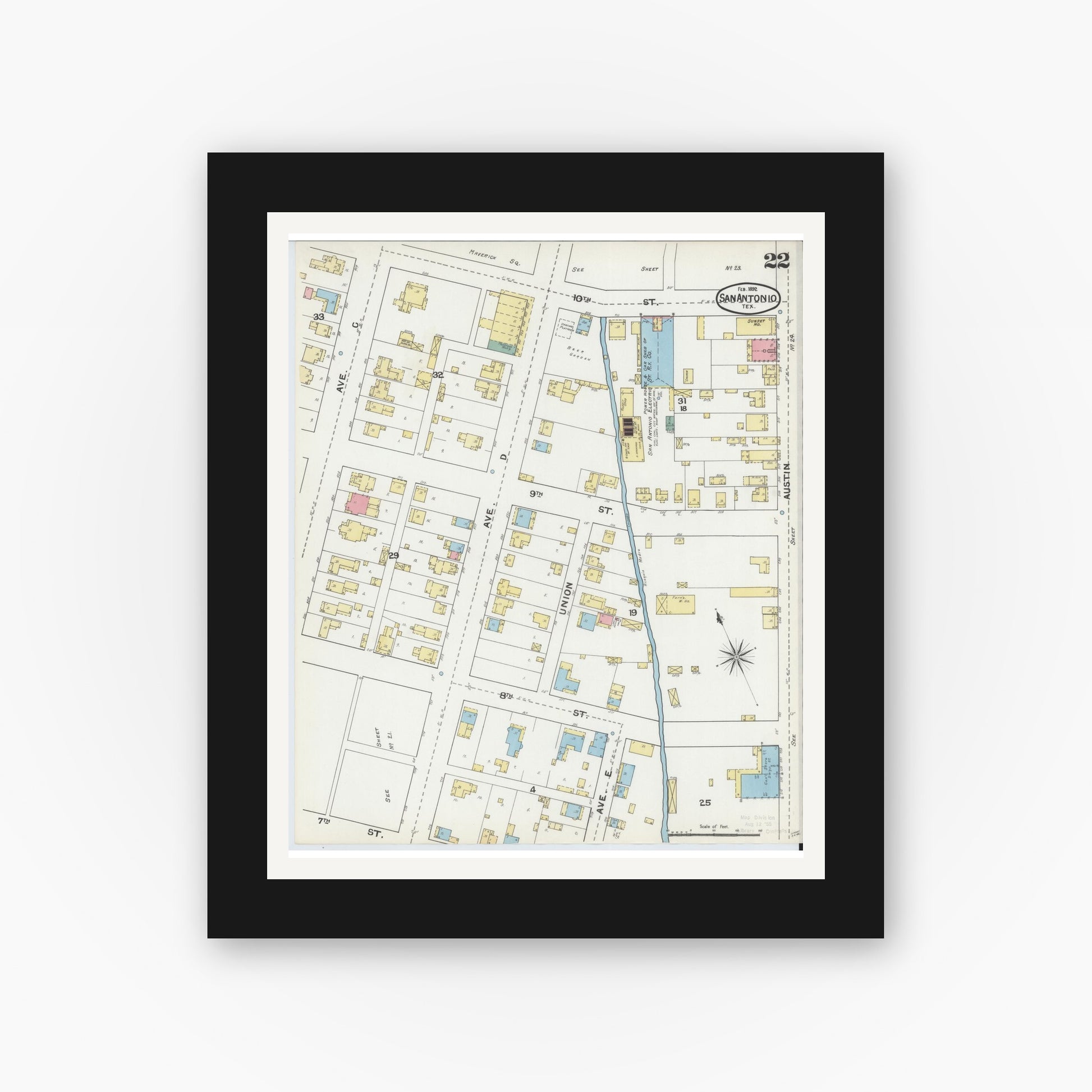 Old map wall art mockup — black gallery frame with white mat — Sanborn Fire Insurance Map from San Antonio, Bexar County, Texas (1892), Sheet #0022