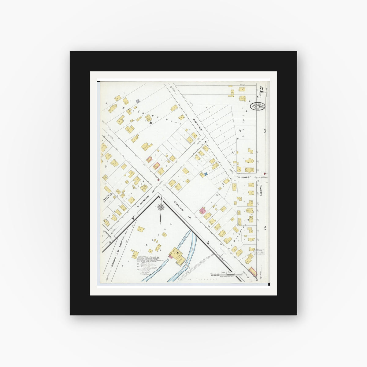 Old map wall art mockup — black gallery frame with white mat — Sanborn Fire Insurance Map from Pontiac, Oakland County, Michigan (1919), Sheet #0002