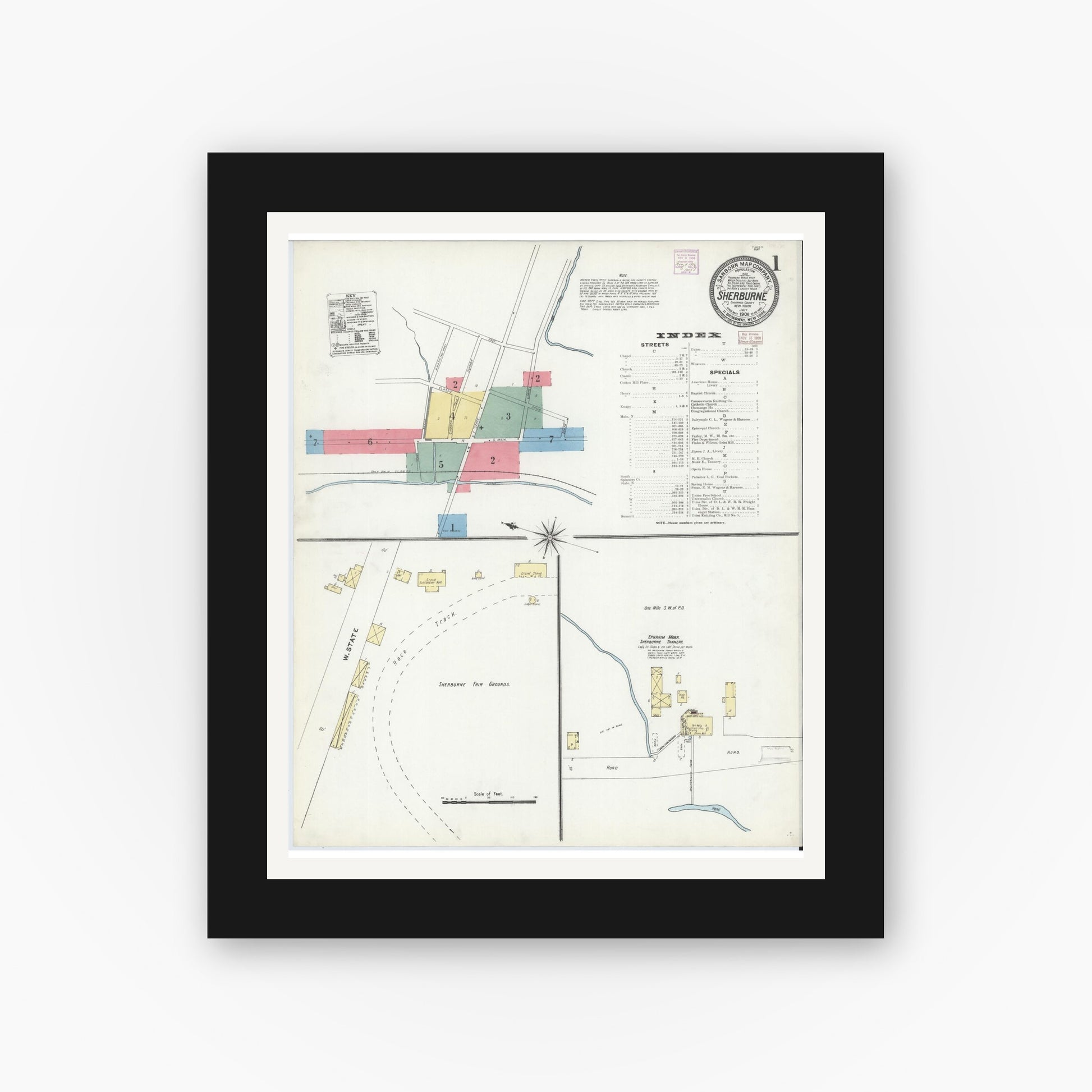 Old map wall art mockup — black gallery frame with white mat — Sanborn Fire Insurance Map from Sherburne, Chenango County, New York (1906), Sheet #0001