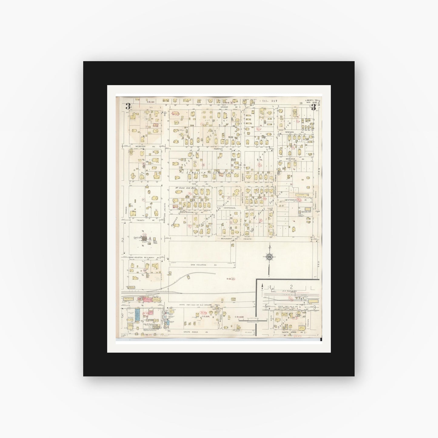 Old map wall art mockup — black gallery frame with white mat — Sanborn Fire Insurance Map from Liberty, Liberty County, Texas (1945), Sheet #0003
