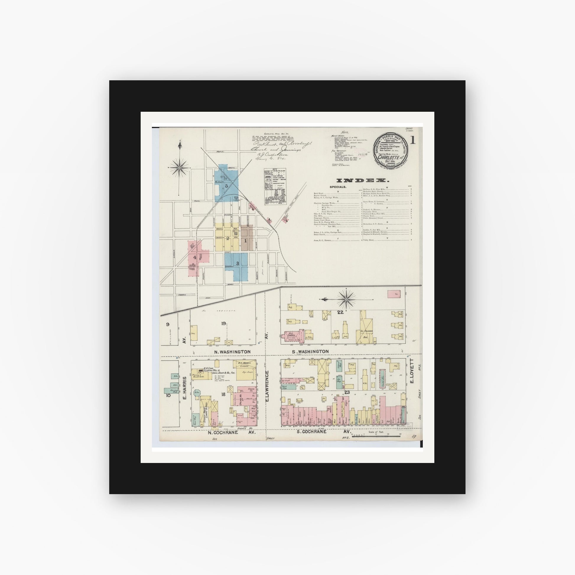 Old map wall art mockup — black gallery frame with white mat — Sanborn Fire Insurance Map from Charlotte, Eaton County, Michigan (1890) - Complete Map Set