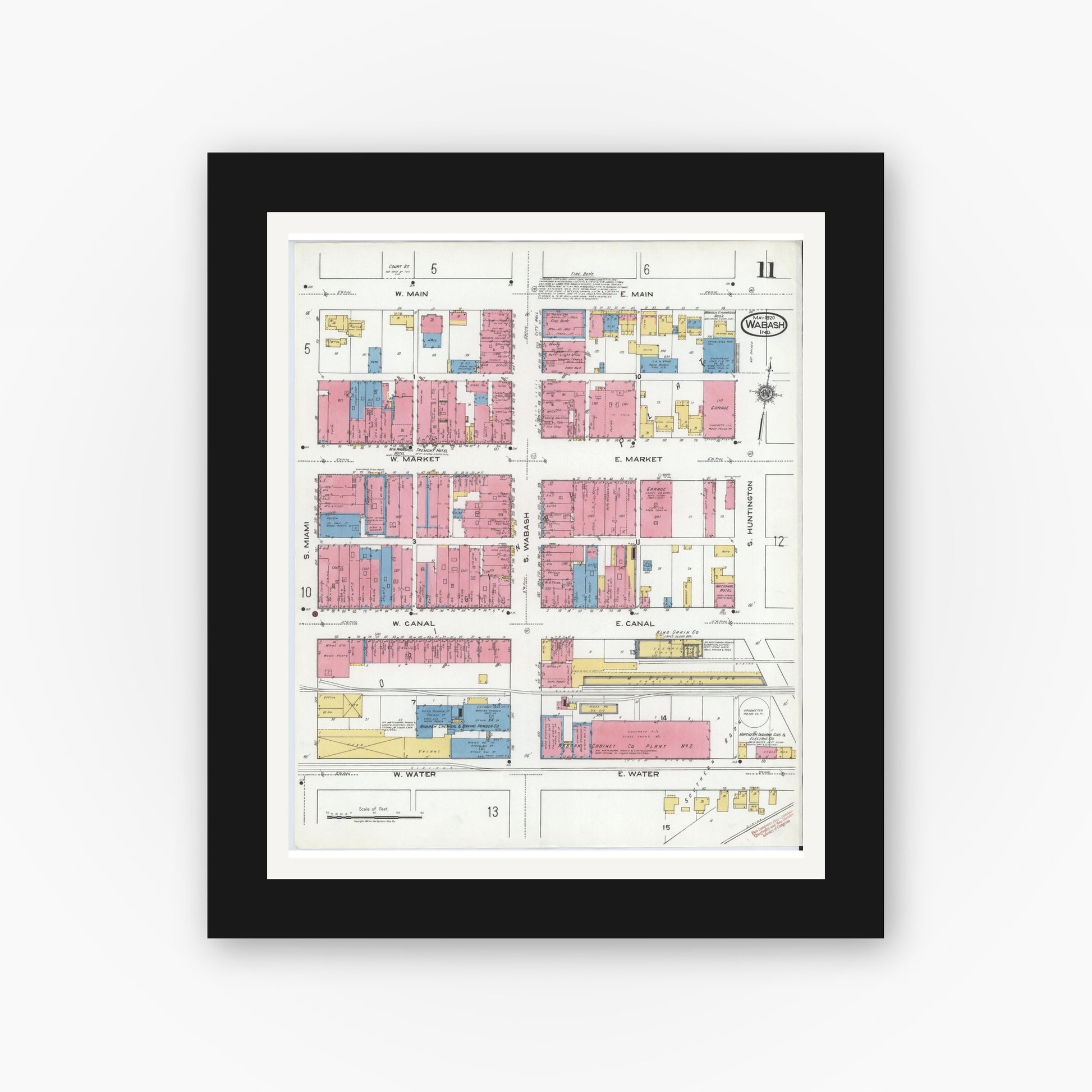 Old map wall art mockup — black gallery frame with white mat — Sanborn Fire Insurance Map from Wabash, Wabash County, Indiana (1920), Sheet #0011