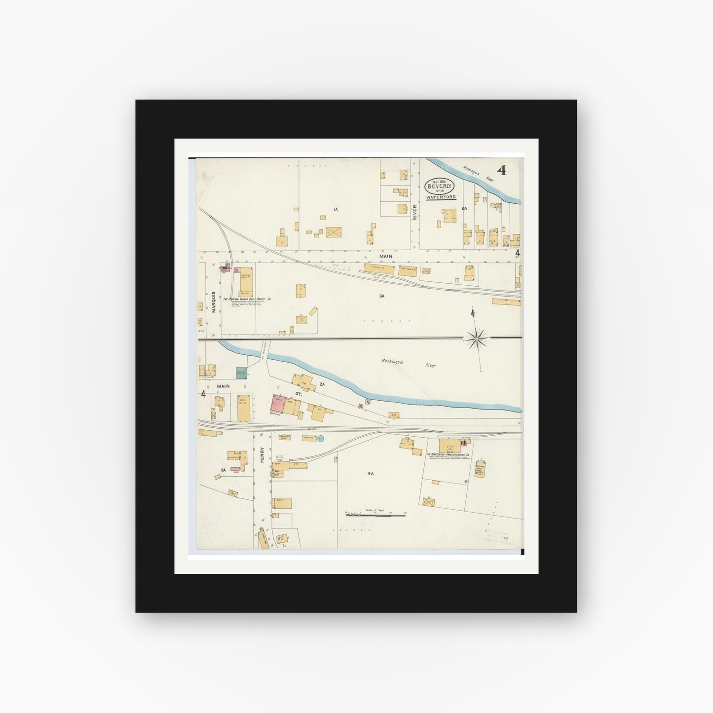 Old map wall art mockup — black gallery frame with white mat — Sanborn Fire Insurance Map from Beverly, Washington County, Ohio (1905), Sheet #0004