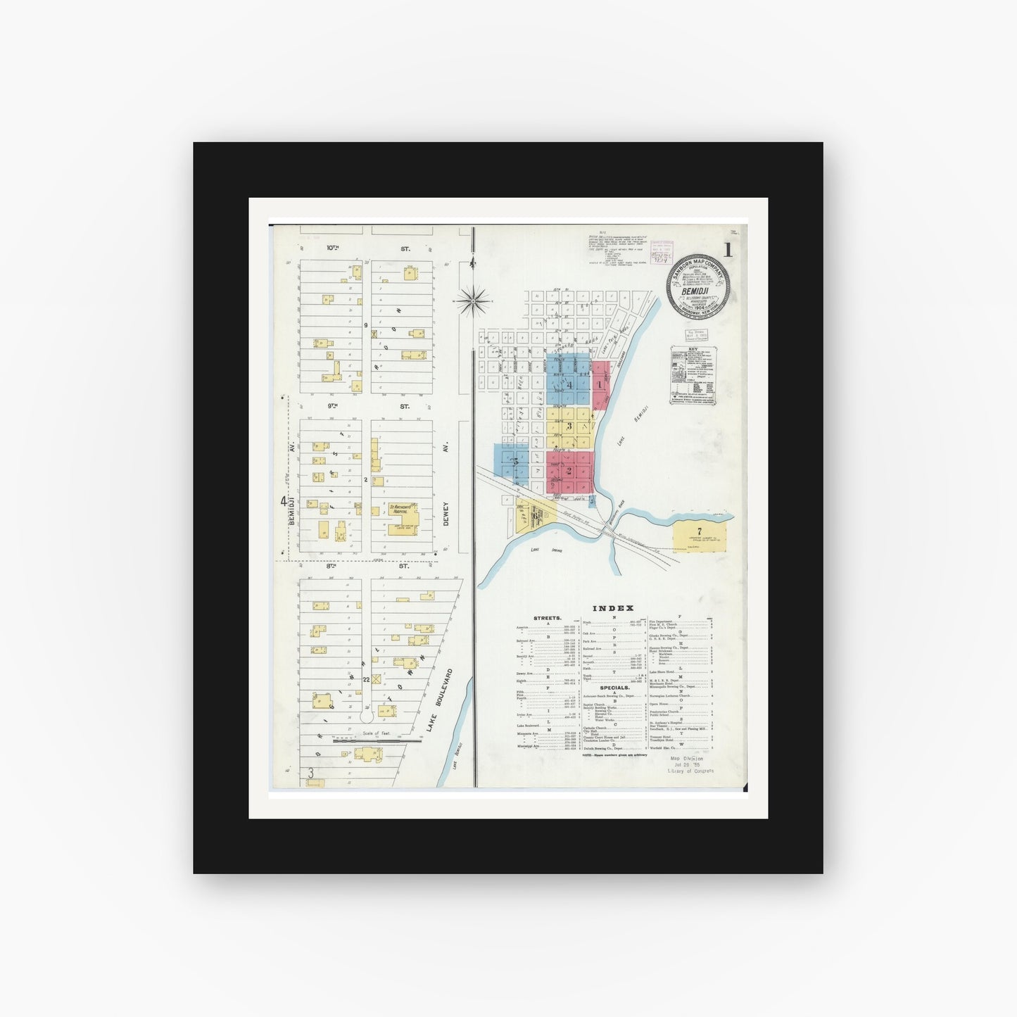 Old map wall art mockup — black gallery frame with white mat — Sanborn Fire Insurance Map from Bemidji, Beltrami County, Minnesota (1904), Sheet #0001