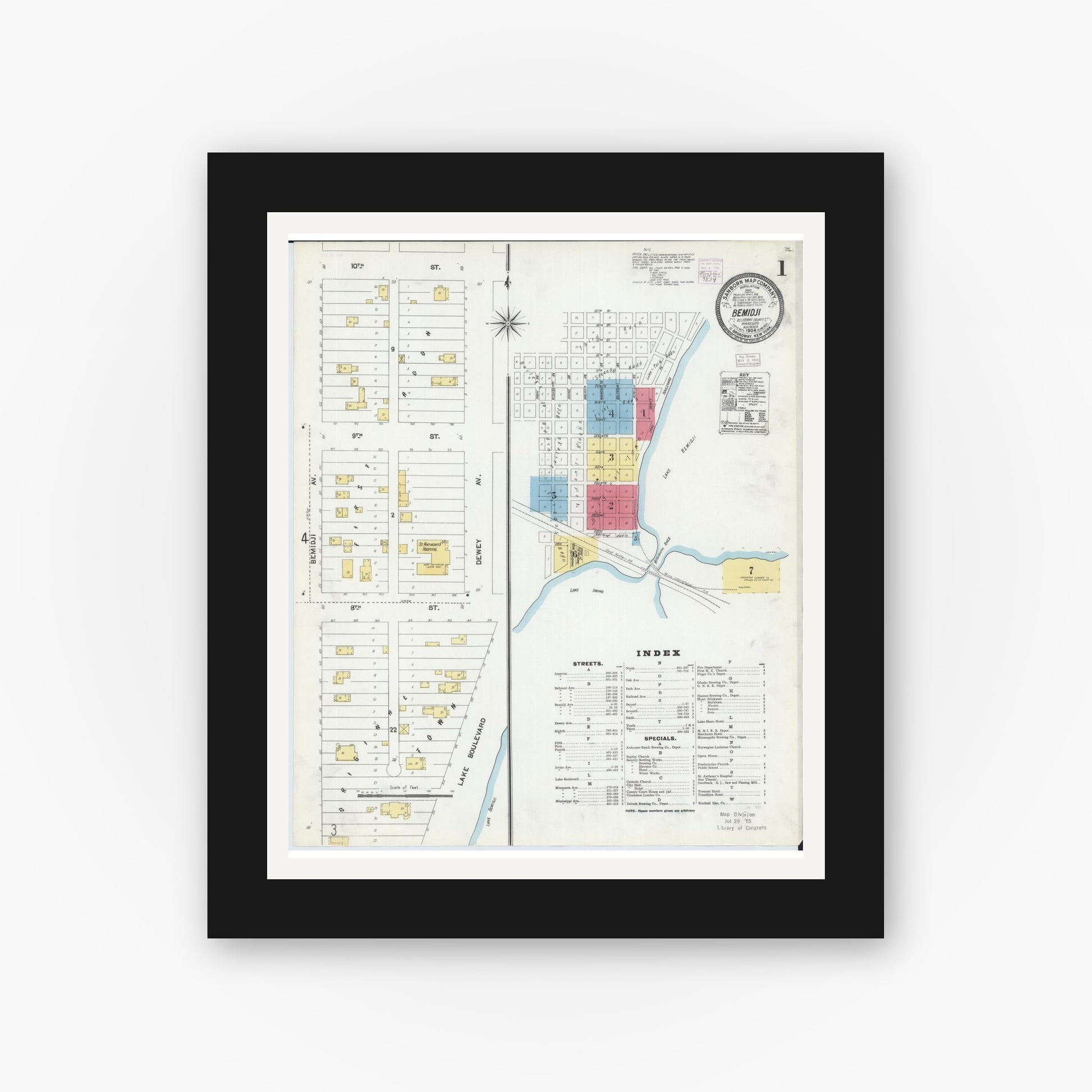 Old map wall art mockup — black gallery frame with white mat — Sanborn Fire Insurance Map from Bemidji, Beltrami County, Minnesota (1904), Sheet #0001