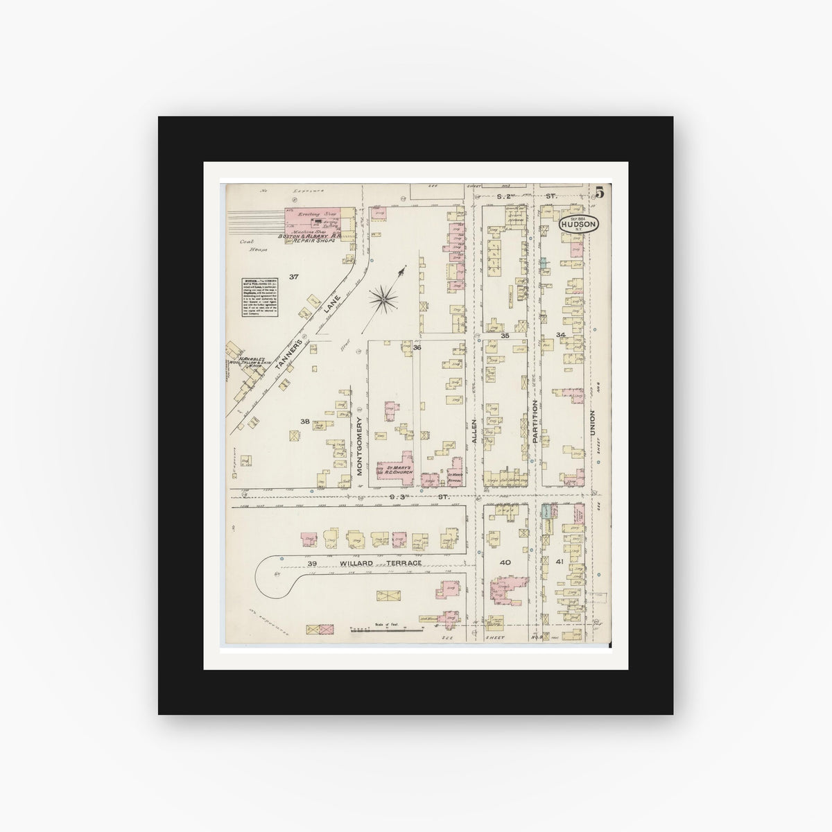 Old map wall art mockup — black gallery frame with white mat — Sanborn Fire Insurance Map from Hudson, Columbia County, New York (1884), Sheet #0005