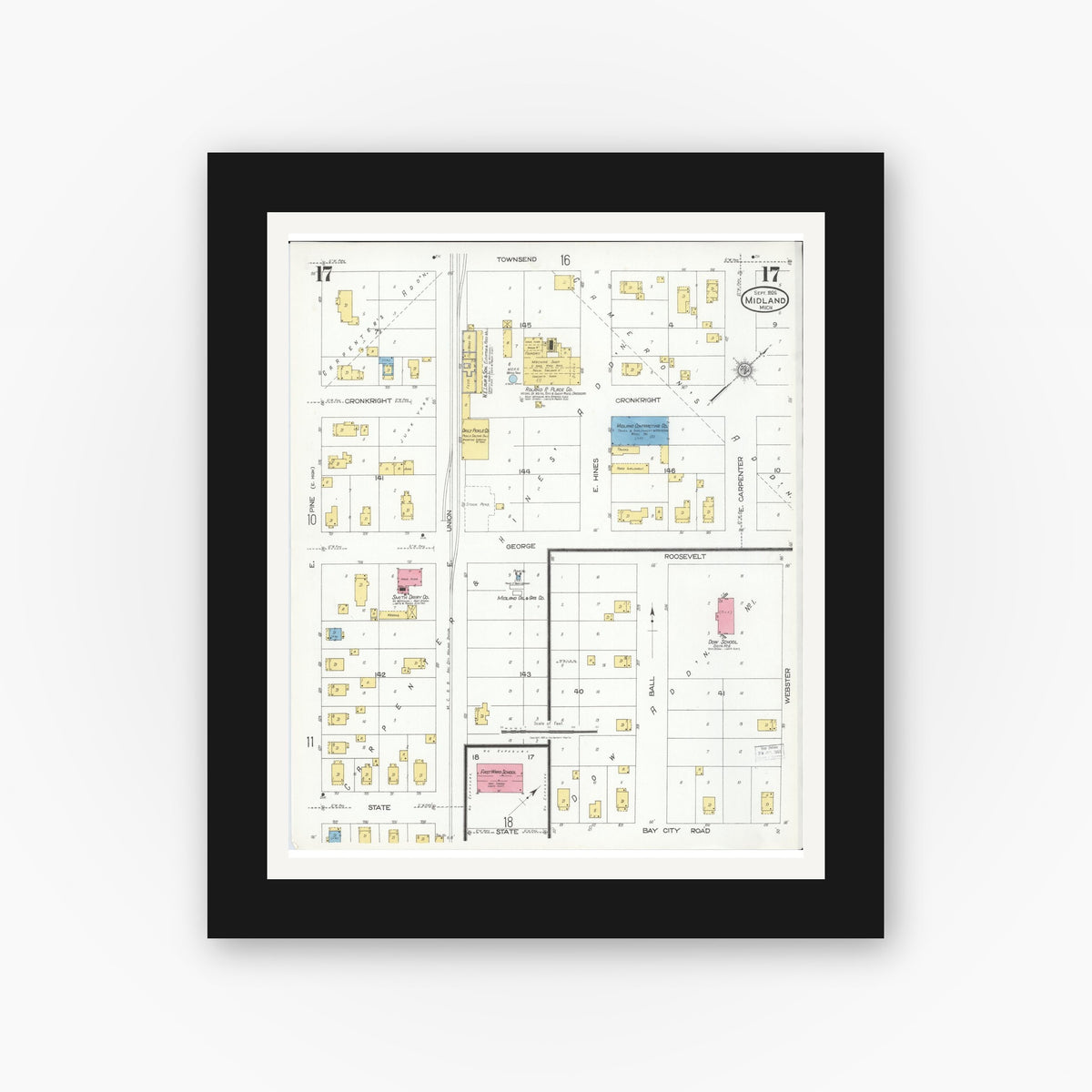 Old map wall art mockup — black gallery frame with white mat — Sanborn Fire Insurance Map from Midland, Midland County, Michigan (1926), Sheet #0017