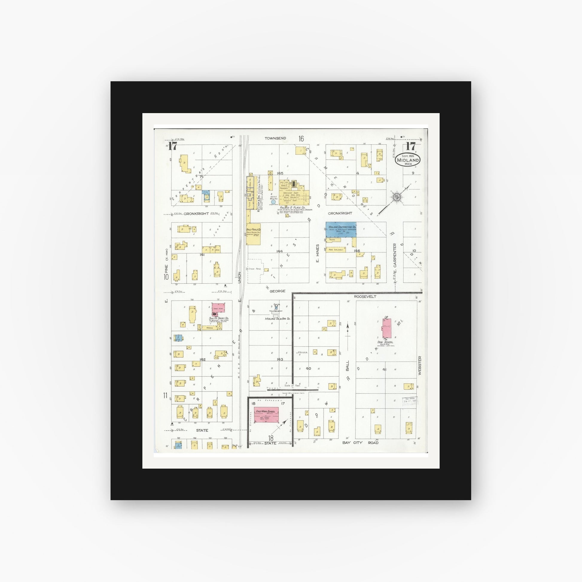 Old map wall art mockup — black gallery frame with white mat — Sanborn Fire Insurance Map from Midland, Midland County, Michigan (1926), Sheet #0017