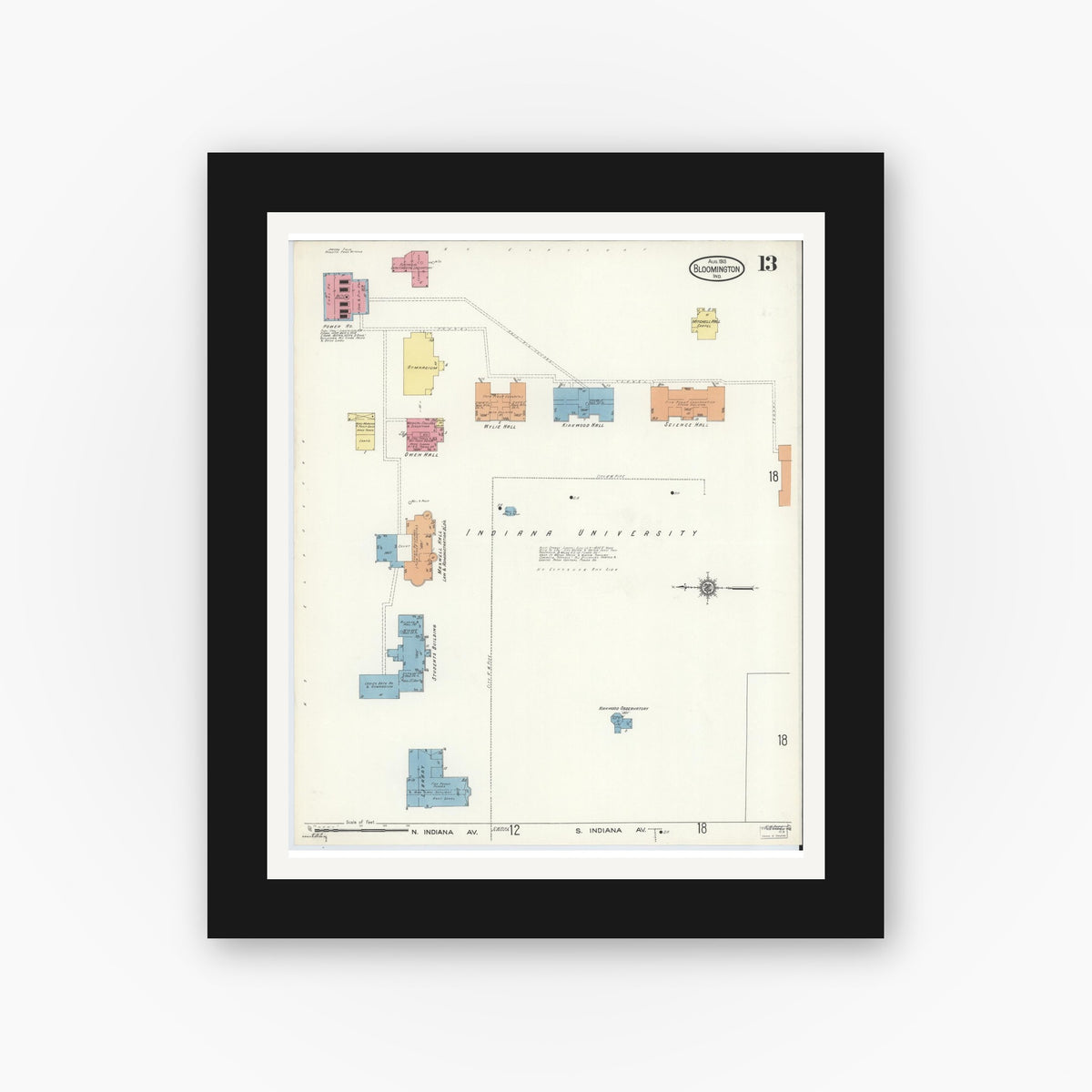 Old map wall art mockup — black gallery frame with white mat — Sanborn Fire Insurance Map from Bloomington, Monroe County, Indiana (1913), Sheet #0013
