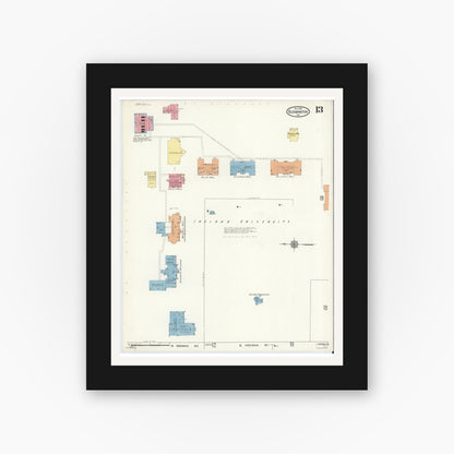 Old map wall art mockup — black gallery frame with white mat — Sanborn Fire Insurance Map from Bloomington, Monroe County, Indiana (1913), Sheet #0013