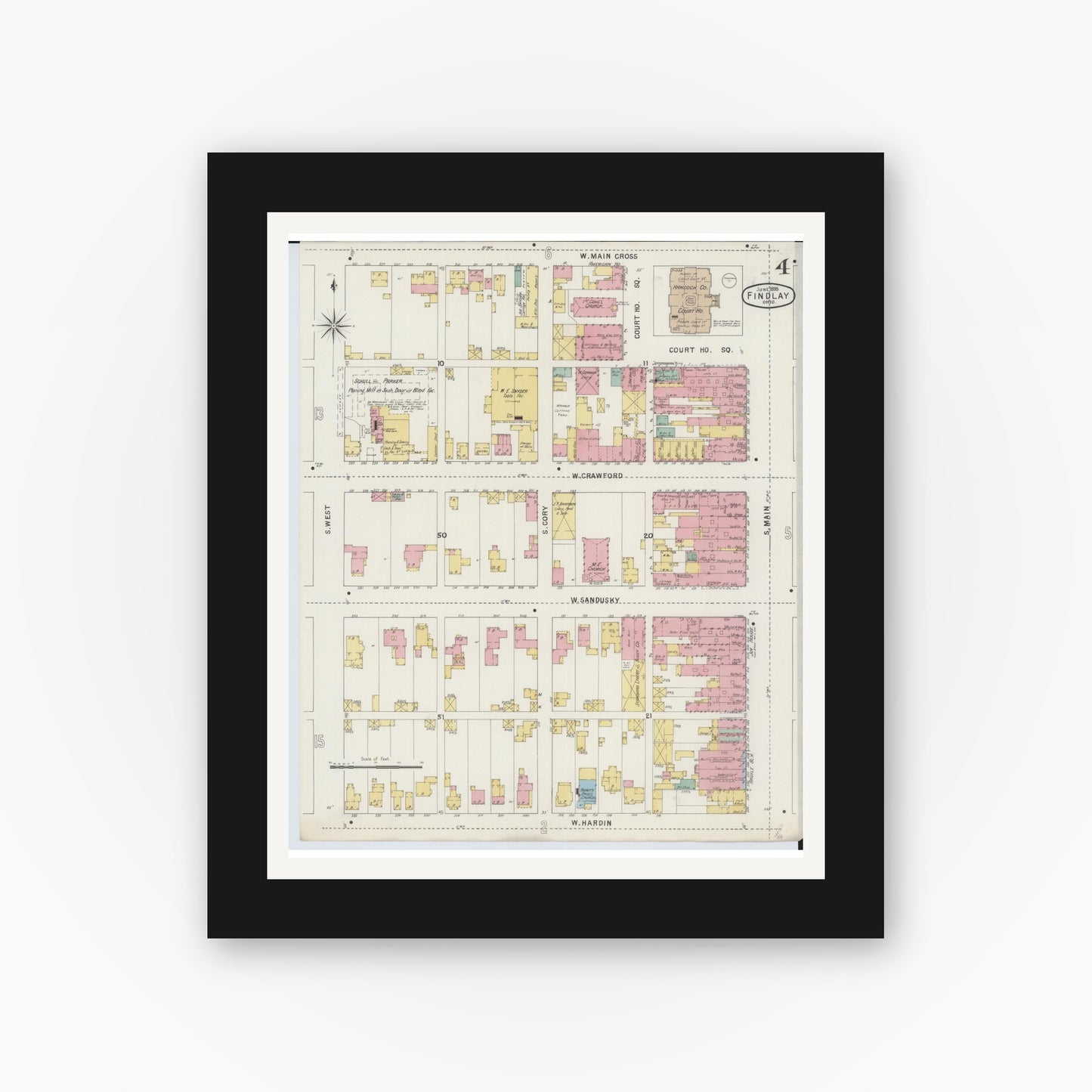 Old map wall art mockup — black gallery frame with white mat — Sanborn Fire Insurance Map from Findlay, Hancock County, Ohio (1895), Sheet #0004
