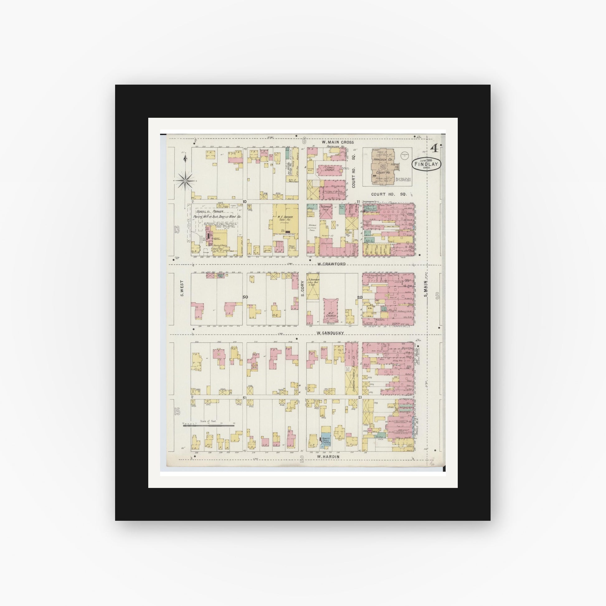 Old map wall art mockup — black gallery frame with white mat — Sanborn Fire Insurance Map from Findlay, Hancock County, Ohio (1895), Sheet #0004
