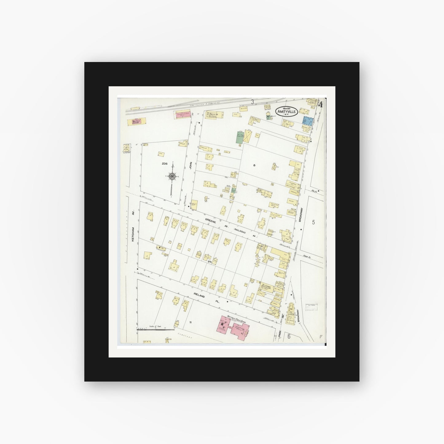 Old map wall art mockup — black gallery frame with white mat — Sanborn Fire Insurance Map from Amityville, Suffolk County, New York (1910), Sheet #0004
