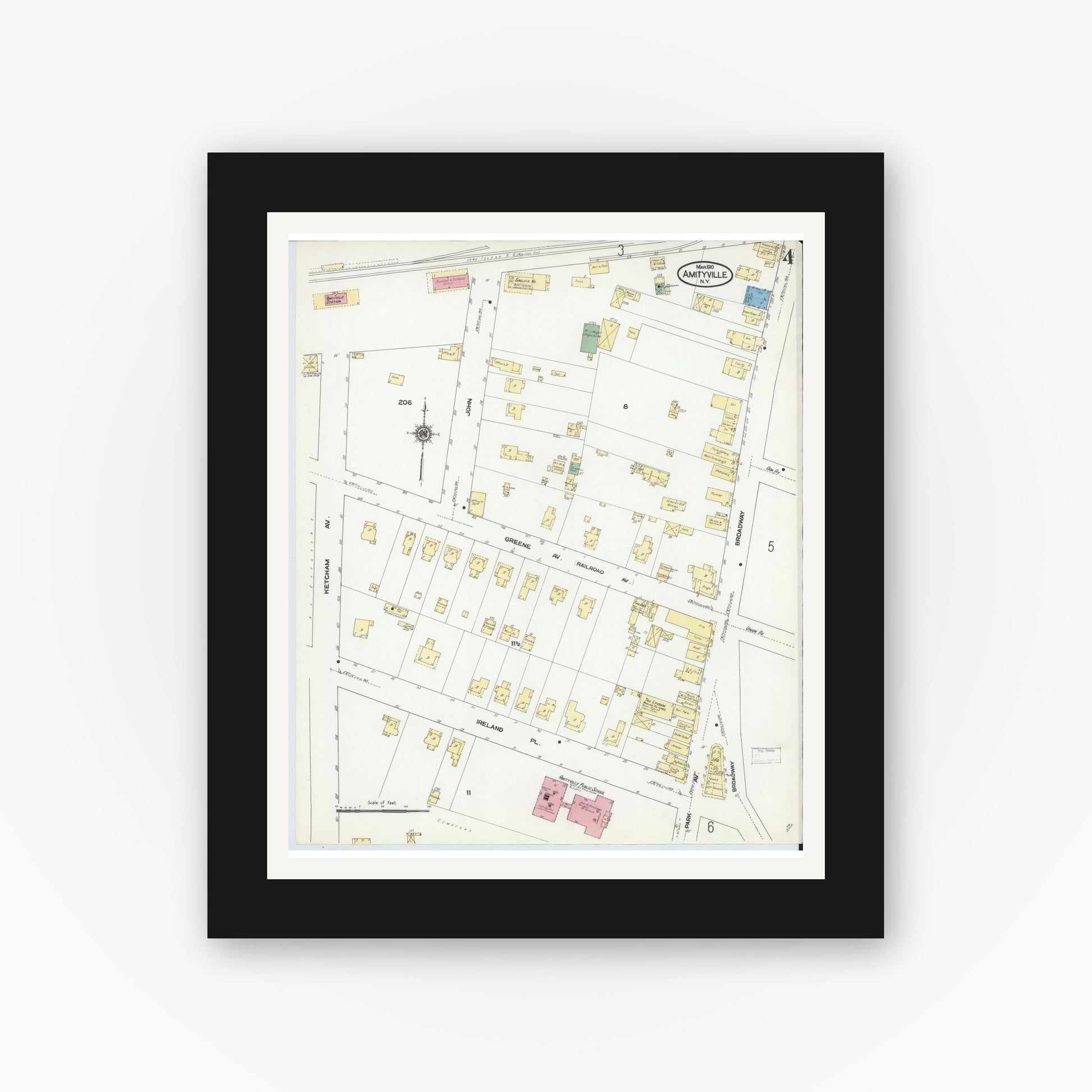 Old map wall art mockup — black gallery frame with white mat — Sanborn Fire Insurance Map from Amityville, Suffolk County, New York (1910), Sheet #0004
