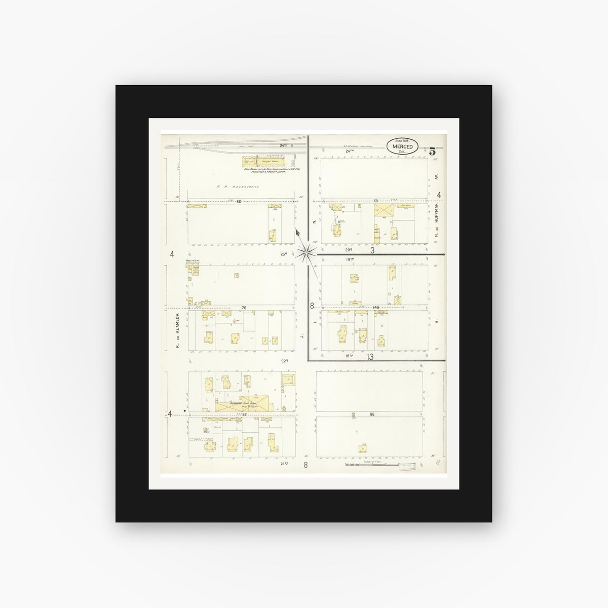 Old map wall art mockup — black gallery frame with white mat — Sanborn Fire Insurance Map from Merced, Merced County, California (1898), Sheet #0005
