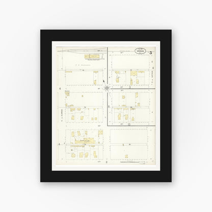 Old map wall art mockup — black gallery frame with white mat — Sanborn Fire Insurance Map from Merced, Merced County, California (1898), Sheet #0005