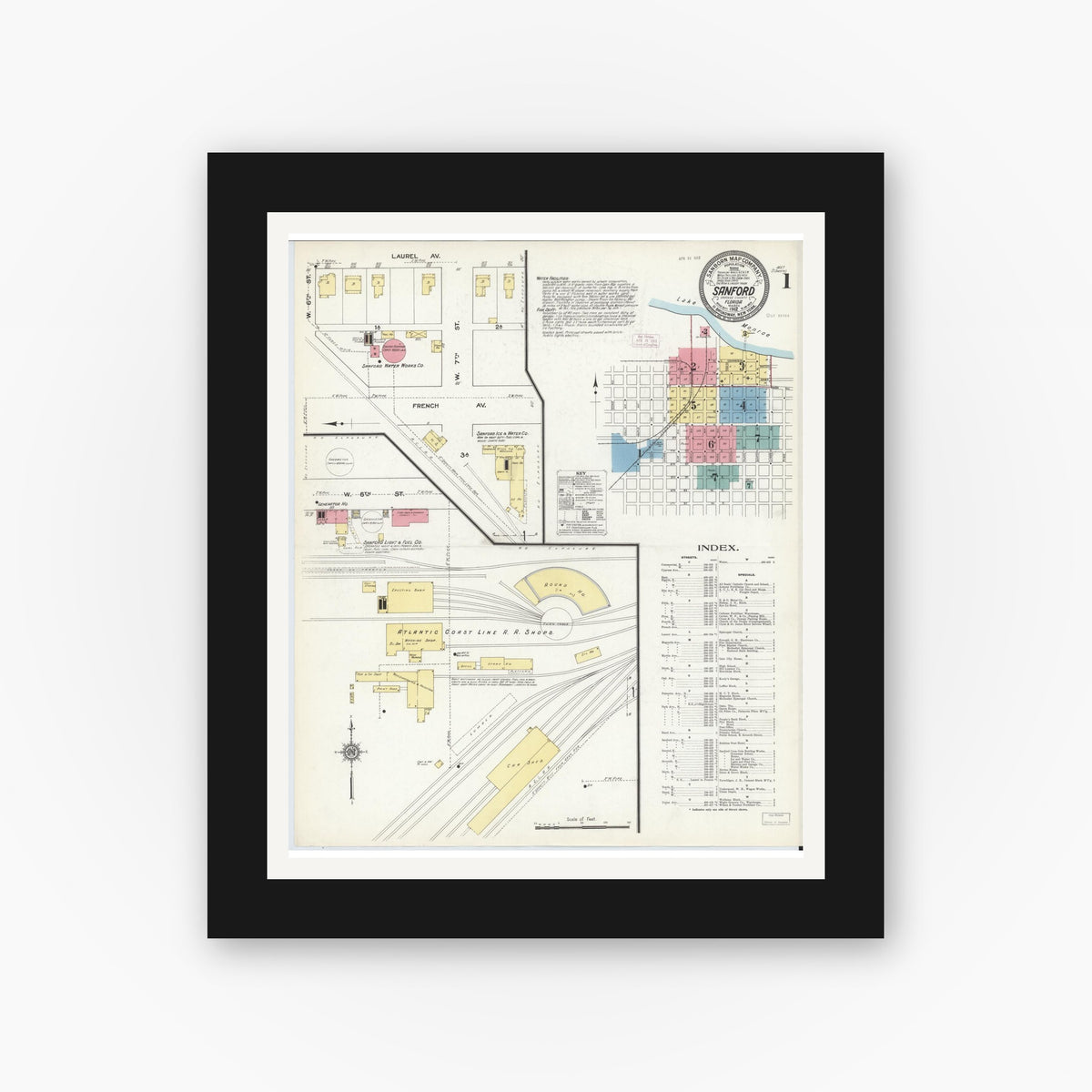 Old map wall art mockup — black gallery frame with white mat — Sanborn Fire Insurance Map from Sanford, Seminole County, Florida (1912) - Complete Map Set