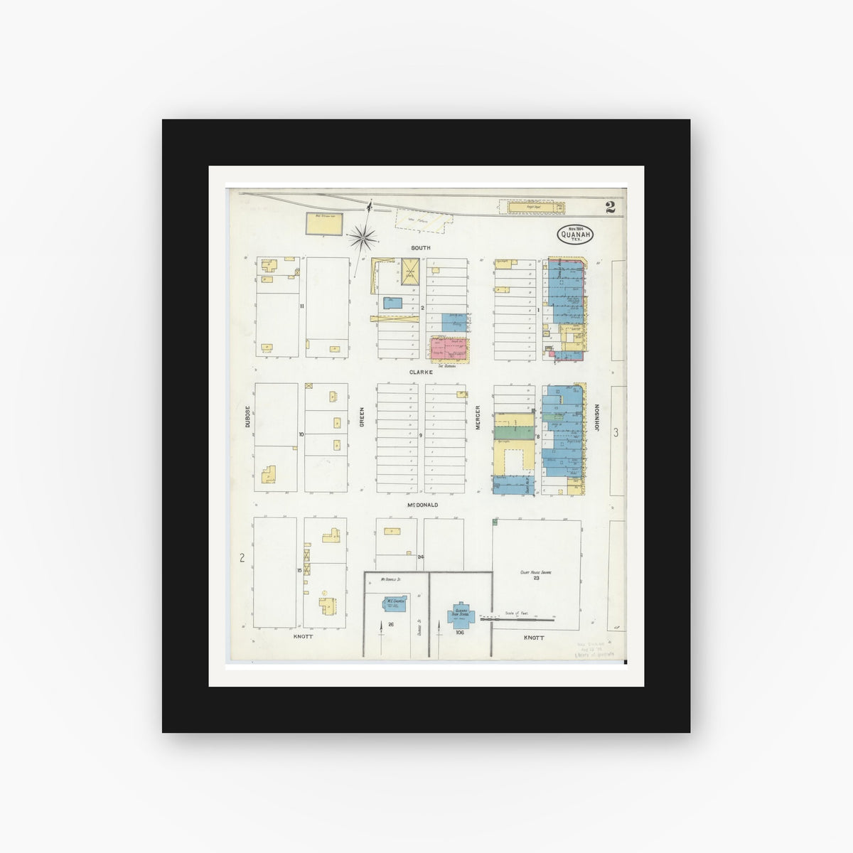 Old map wall art mockup — black gallery frame with white mat — Sanborn Fire Insurance Map from Quanah, Hardeman County, Texas (1904), Sheet #0002