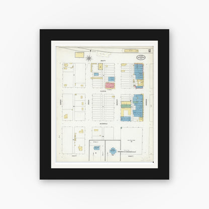 Old map wall art mockup — black gallery frame with white mat — Sanborn Fire Insurance Map from Quanah, Hardeman County, Texas (1904), Sheet #0002