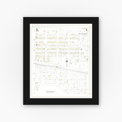 Old map wall art mockup — black gallery frame with white mat — Sanborn Fire Insurance Map from West Liberty, Muscatine County, Iowa (1941), Sheet #0005